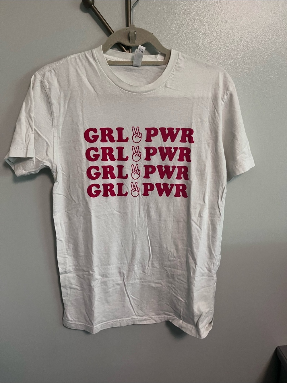 Next Level Apparel White Tee with Pink 'GRL PWR' Repeat Graphic